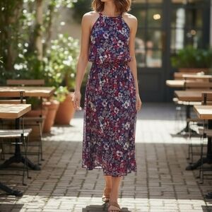 BCBG Paris Floral Midi Dress Red and Blue XXL